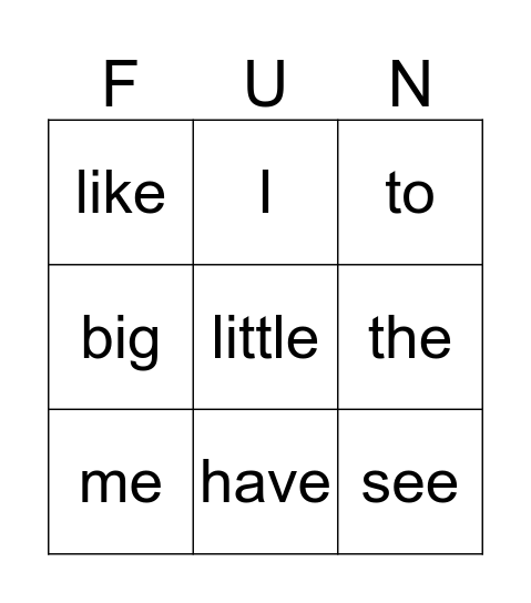 Sight Words Bingo Card