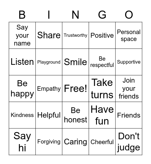 Friendship Bingo Card