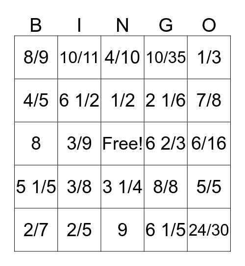 Simplest Form Answers #1-14 on board Bingo Card