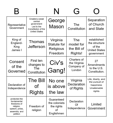 Founding Principles and Documents Bingo Card