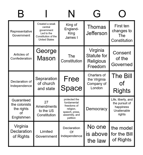 Founding Principles and Documents Bingo Card