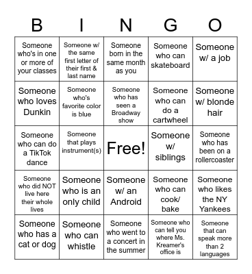 Getting to know you Bingo Card