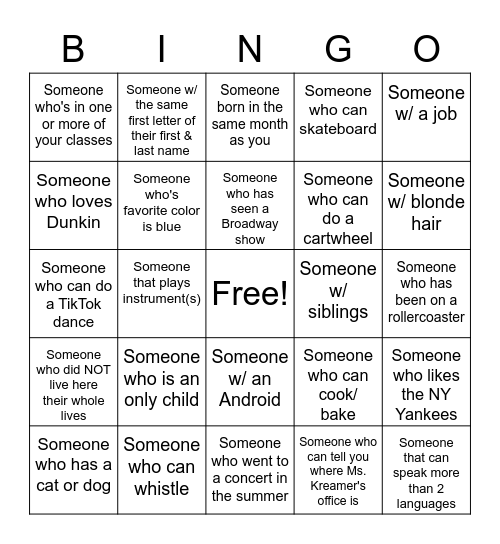 Getting to know you Bingo Card