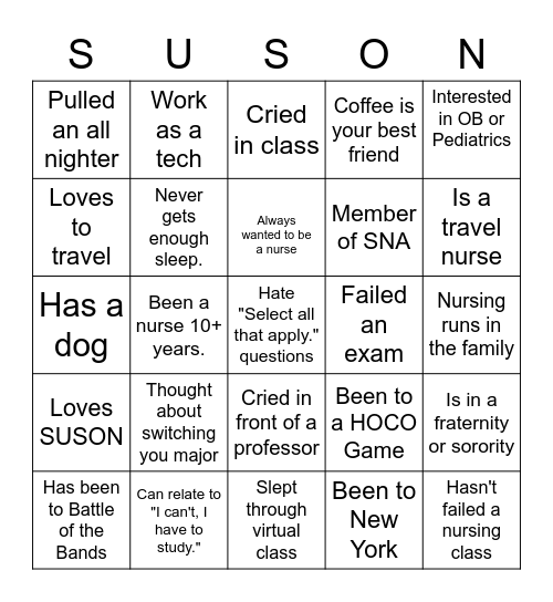 SUSON Human Bingo Card