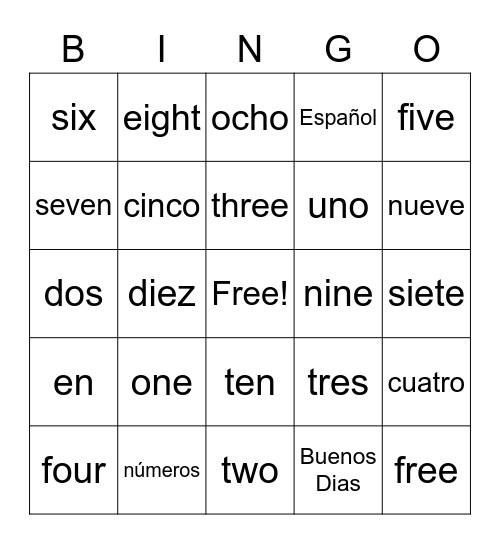 Números En Español (Numbers in Spanish) Bingo Card