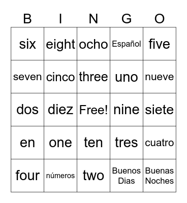 Números En Español (Numbers in Spanish) Bingo Card