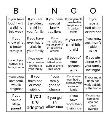 Families Bingo Card