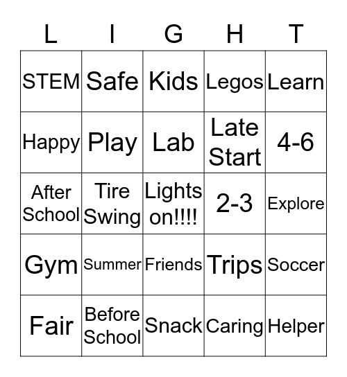 Light On For Afterschool Bingo Card