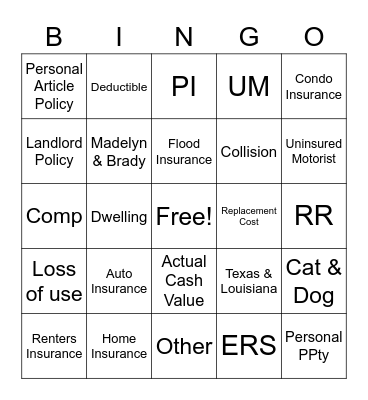 Insurance Bingo Card