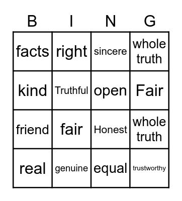 Honesty Bingo Card