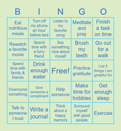 Tips on how to improve and take care of one's mental health Bingo Card
