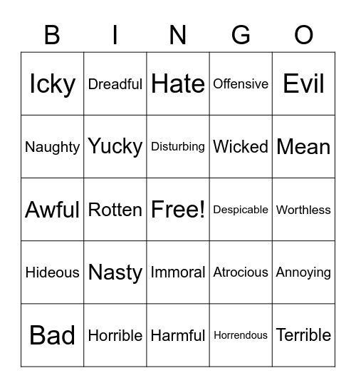 Bad Words Bingo Card