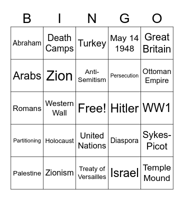 Creation of Israel Bingo Card