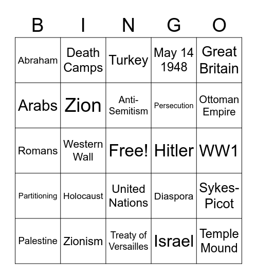 Creation of Israel Bingo Card