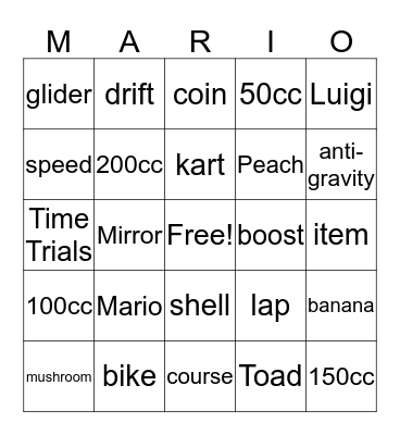 Mario Kart 8 Bingo Card