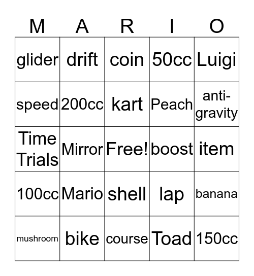 Mario Kart 8 Bingo Card