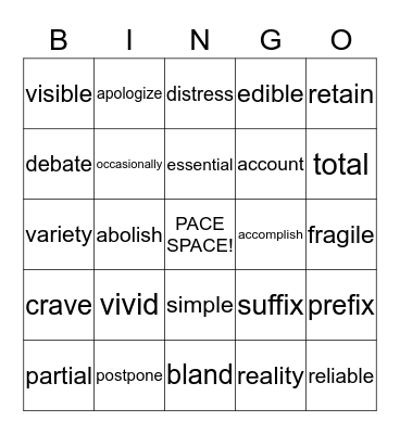 Vocabulary Bingo Card