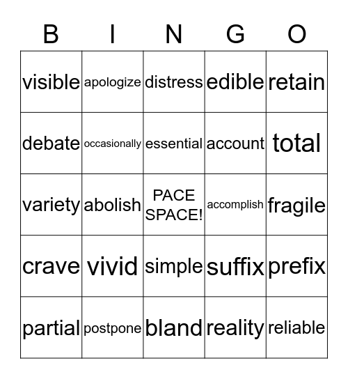 Vocabulary Bingo Card