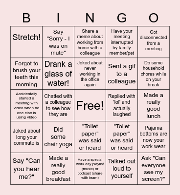 Remote Work Bingo Card
