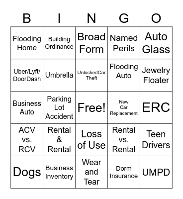 Insurance Bingo Card