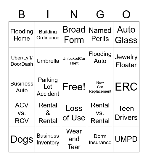 Insurance Bingo Card