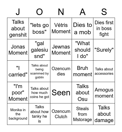 Jonas bingo Card