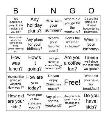 Personal Touch Bingo Card