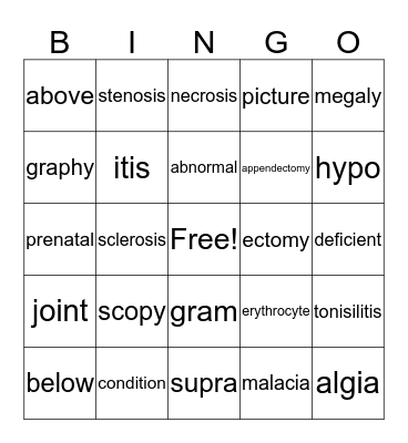Medical Term Test #1  Bingo Card