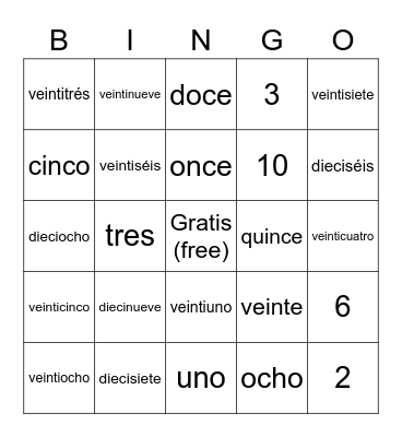 LOS NUMEROS 0-30 Bingo Card