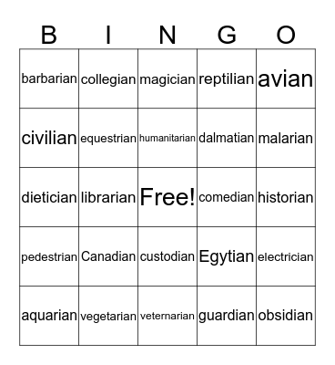 Words ending in ian Bingo Card