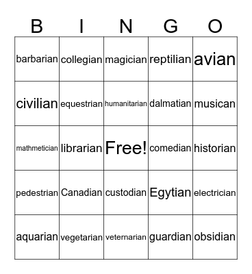 Words ending in ian Bingo Card