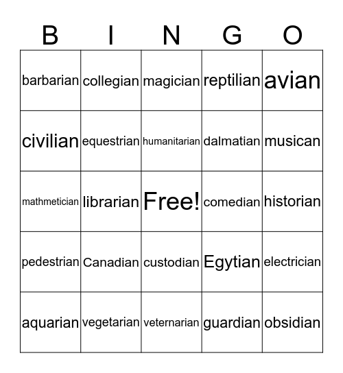 Words Ending In Ian Bingo Card