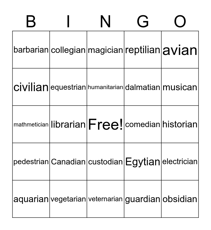 Words Ending In Ian Bingo Card