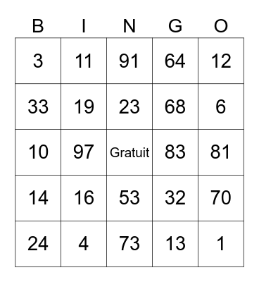 French Numbers 1-100 Bingo Card