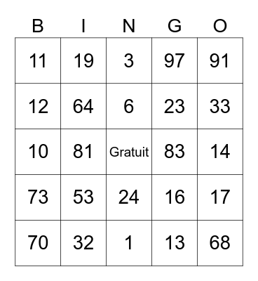 French Numbers 1-100 Bingo Card