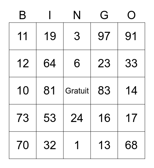 French Numbers 1100 Bingo Card