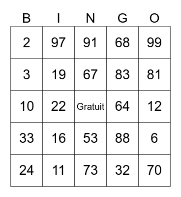French Numbers 1-100 Bingo Card