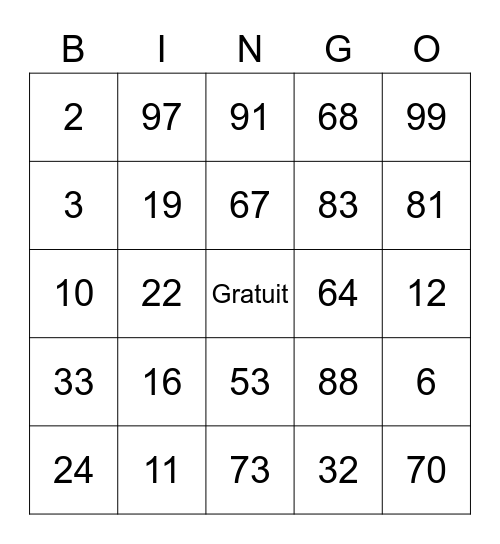 French Numbers 1-100 Bingo Card