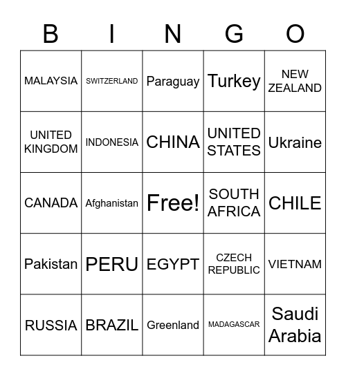 Countries Bingo Card