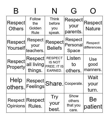 RESPECT Bingo Card