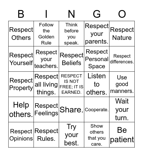 RESPECT Bingo Card