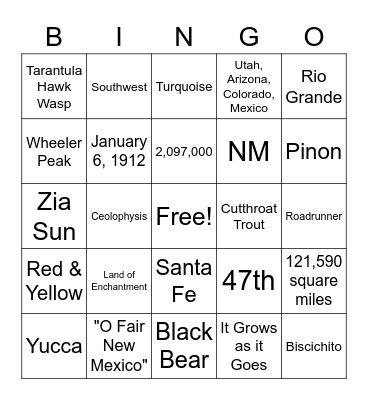 New Mexico Bingo Card
