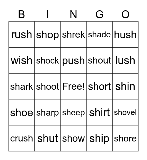 'SH' words Bingo Card