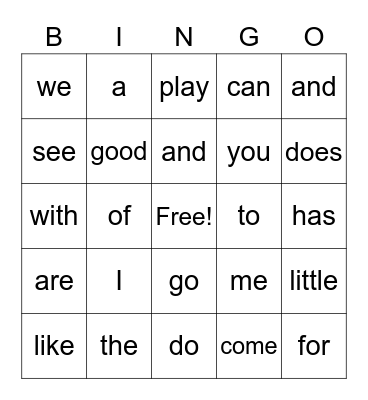 sight words Bingo Card
