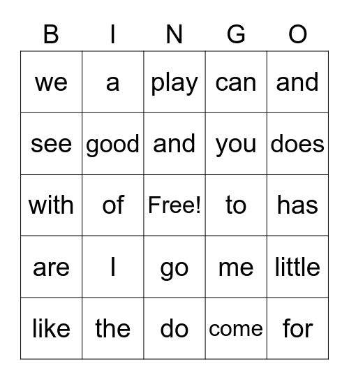 sight words Bingo Card