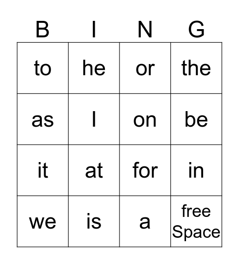 Sight Words Bingo Card