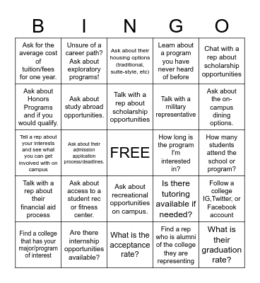 College Fair Bingo! Bingo Card
