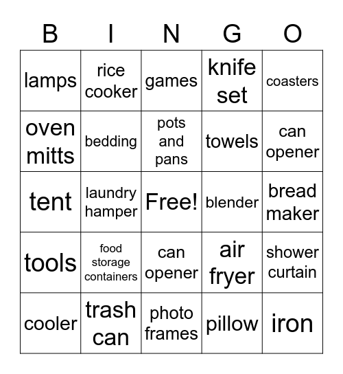 Wedding Gifts Bingo Card