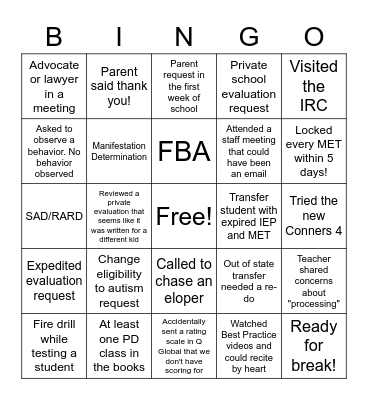 First Quarter School Psych Bingo Card