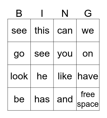 Sight Word  Bingo Card